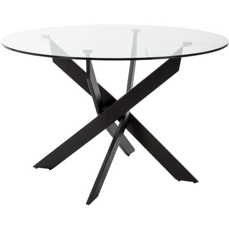 DESIAL - Table Ronde Ø120cm Plateau en Verre Piétement Croisé Métal Noir (1/5)