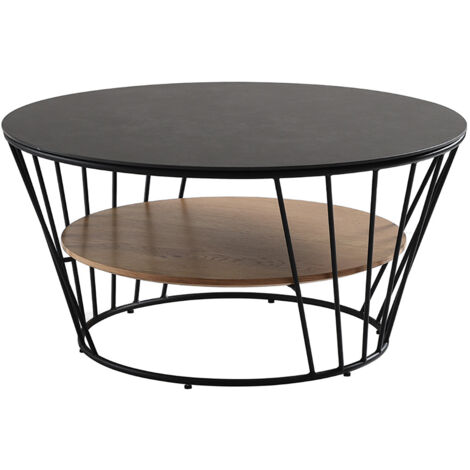 SONIA - Table Basse Métal Plateaux Céramique Noire et Plaqué Chêne (1/3)