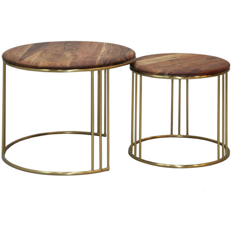 RANDY - Lot de 2 Tables Gigogne Plateau en Acacia Massif Piètement Acier Doré (1/3)