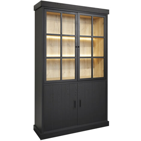 ALPHA - Vitrine 4 Portes Aspect Bois Noir avec Leds