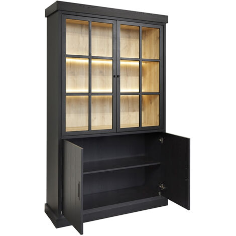 ALPHA - Vitrine 4 Portes Aspect Bois Noir avec Leds