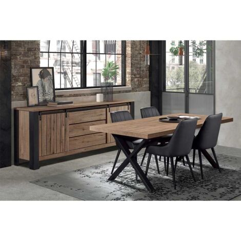 CLODIUS - Ensemble Buffet et Table 200cm Aspect Bois Piètement X Métal Noir (1/5)