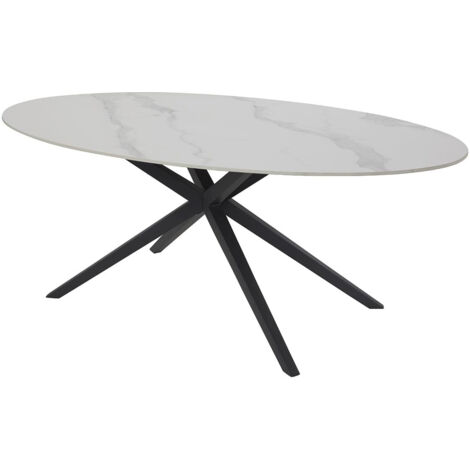 AUDREY - Table Céramique Imitation Marbre Blanc Pieds Étoile Métal Noir (1/5)