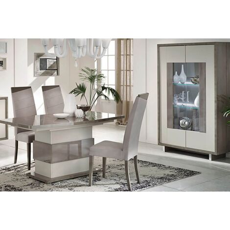 AUXANE - Pack Séjour Table Allongeable + Vitrine 2 Portes Led Gris Metallisé et Mat (1/4)