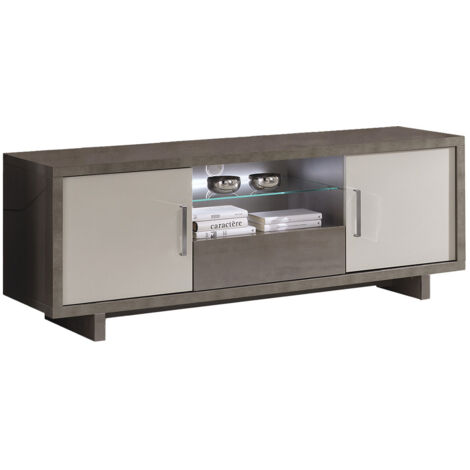 AUXANE - Meuble TV 2 Portes Gris Acier Metallisé et Gris Mat avec Leds (1/3)