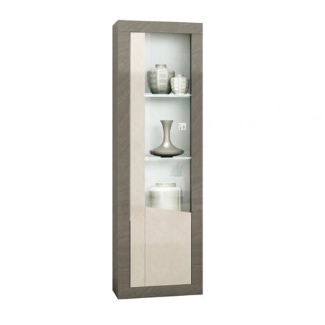 GONDOR - Vitrine 1 Porte Droite Décor Bois Gris Veiné et Beige avec Leds