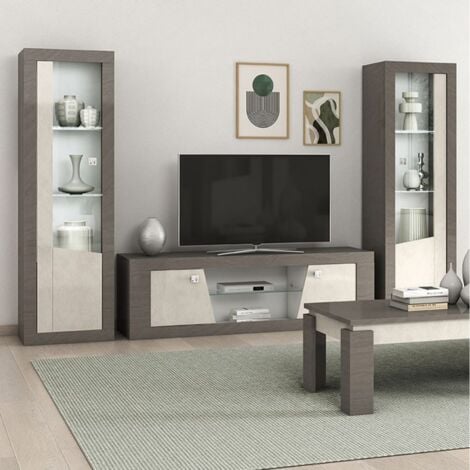GONDOR - Vitrine 1 Porte Droite Décor Bois Gris Veiné et Beige avec Leds