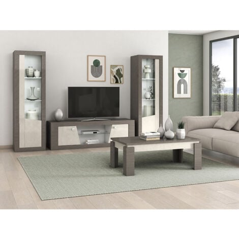 GONDOR - Vitrine 1 Porte Droite Décor Bois Gris Veiné et Beige avec Leds