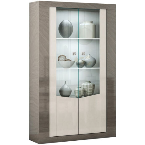 GONDOR - Vitrine 2 Portes Décor Bois Gris Veiné et Beige avec Leds