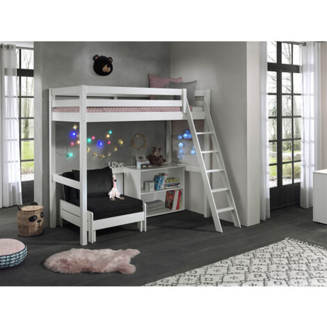 SLEEPY - Lit Mezzanine Blanc 90x200cm avec Fauteuil et Étagère (1/5)