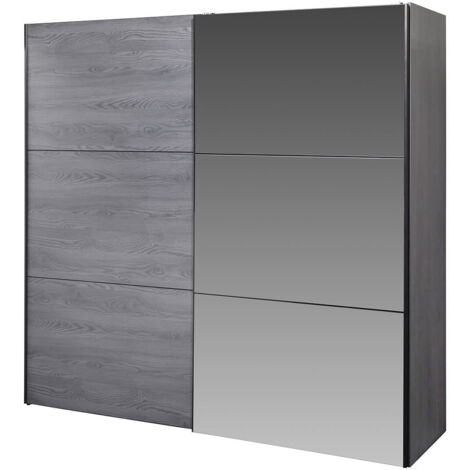 CARLIN - Armoire 2 Portes Coulissante Aspect Bois Gris et Miroir