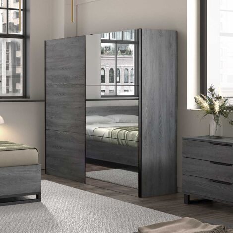 CARLIN - Armoire 2 Portes Coulissante Aspect Bois Gris et Miroir