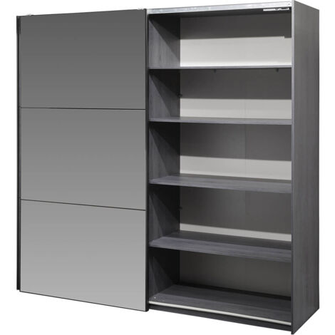 CARLIN - Armoire 2 Portes Coulissante Aspect Bois Gris et Miroir