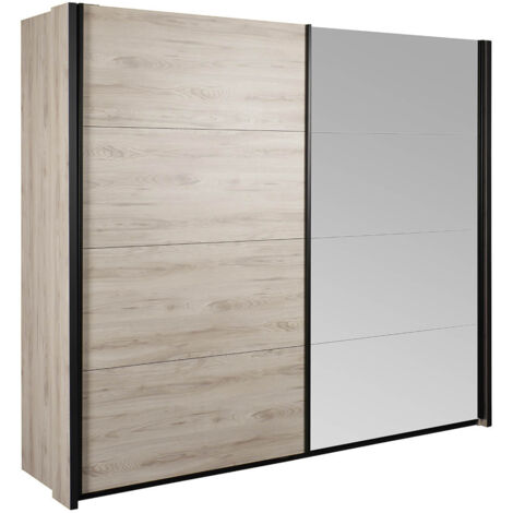 NEVADA - Armoire 2 Portes Coulissantes avec Miroir Aspect Bois Naturel et Noir