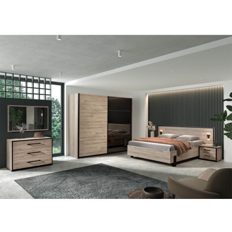 NEVADA - Armoire 2 Portes Coulissantes avec Miroir Aspect Bois Naturel et Noir