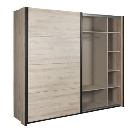NEVADA - Armoire 2 Portes Coulissantes avec Miroir Aspect Bois Naturel et Noir