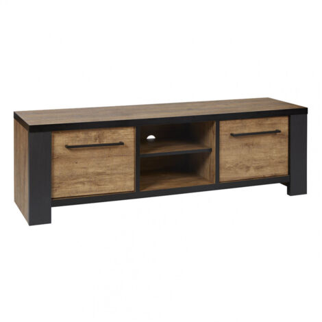 ETIENNE - Meuble TV 2 Portes et 2 Niches Aspect Bois finition Denver et Noir (1/4)