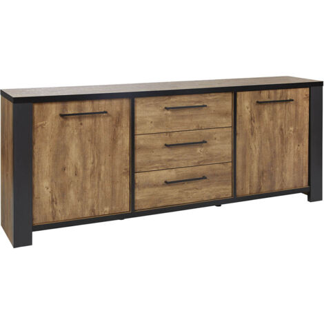 ETIENNE - Buffet 2 Portes et 3 Tiroirs Aspect Bois finition Denver et Noir (1/5)