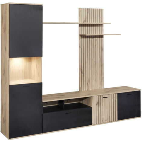 Altobuy – Meuble TV mural avec banc et colonne led – Dimensions 235 x 40 x H190 cm – Panneau de particules aspect bois noir (1/4)