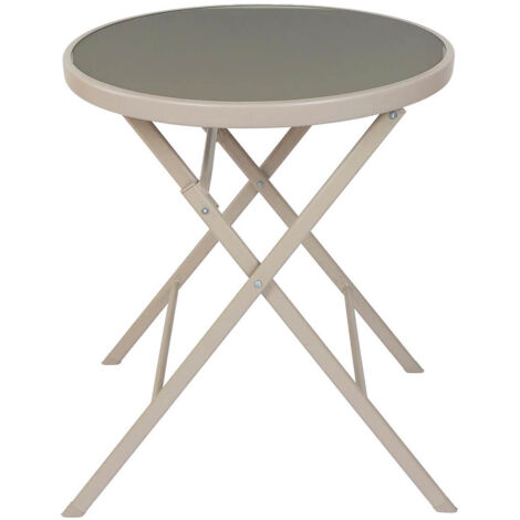 SOHAN - Table Pliante de Jardin Ronde Beige en Métal et Verre Trempé (1/5)
