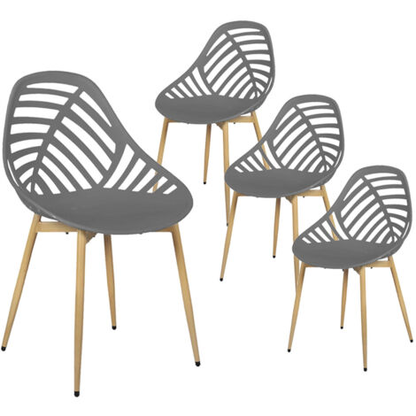 Altobuy – Lot de 4 chaises de jardin coque plastique ajourée gris – Pieds métal imitation bois – Assise ergonomique – Dimensions 52,3 x 53,3 x H83,4cm (1/5)