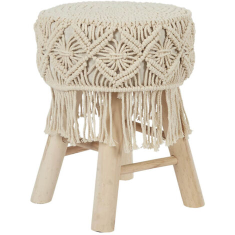 BOHEMIAN - Tabouret Assise Décorative Style Macramé Pieds en Pin Naturel (1/3)