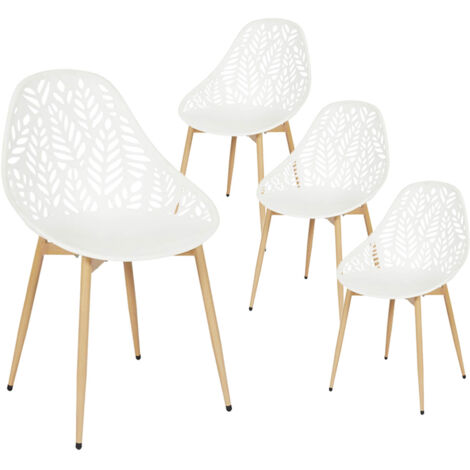 Altobuy – Lot de 4 chaises de jardin coque plastique ajourée blanche – Pieds métal imitation bois – Assise ergonomique – Dimensions 52,3 x 53,3 x H83,4cm (1/5)