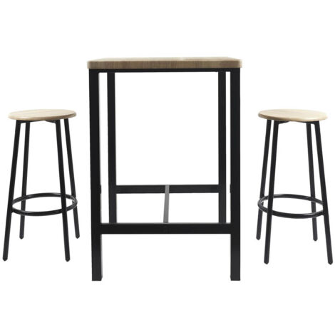 Altobuy – Ensemble table haute 60x60cm et 2 tabourets – MDF avec revêtement aspect bois – Pieds métal noir – Style industriel moderne (1/5)