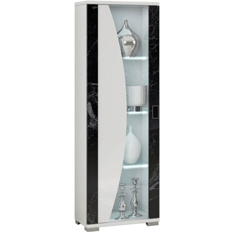 Altobuy – Vitrine 1 porte blanc avec éclairage LED intégré – Décor marbre noir – Dimensions 55,5 x 41 x H175 cm – Design italien moderne (1/2)