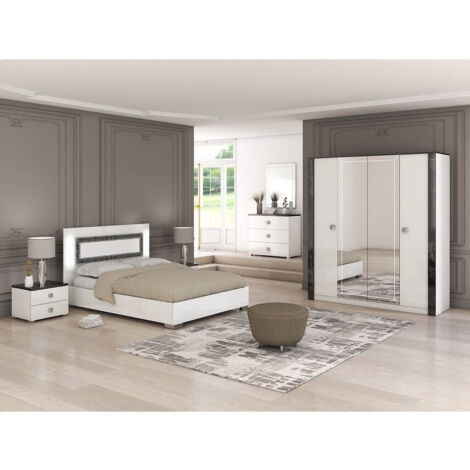 GAÏA - Chambre Lit 160x200 cm + Chevets +  Commode + Armoire Laquée Blanc avec Décor Noir