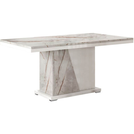 Altobuy – Table de salle à manger rectangulaire 160x90cm – Pied central blanc – Revêtement imitation marbre brillant – 6 places (1/3)