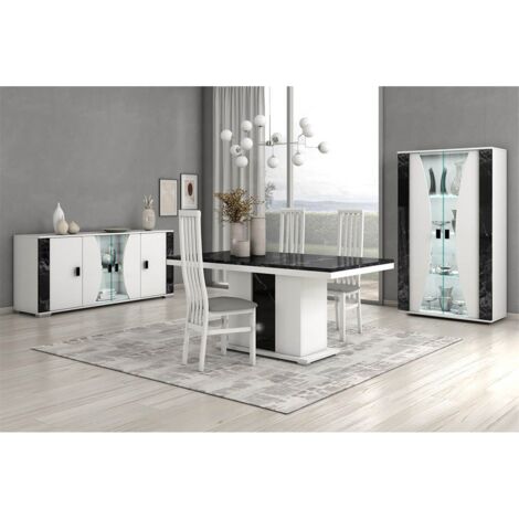 Altobuy – Séjour complet table repas 160x90cm + buffet 190x47cm + vitrine 110x41cm – Éclairage LED intégré – Design chic noir et blanc