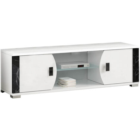 Altobuy – Meuble TV 2 portes et 2 niches blanc – Décor marbre noir – Dimensions 160x47xH56 cm – Panneau de particules laqué (1/3)