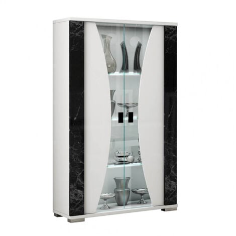 ARIANE - Vitrine 2 Portes Blanc Eclairage Led intégré avec Décor Latéral Aspect Marbre Noir