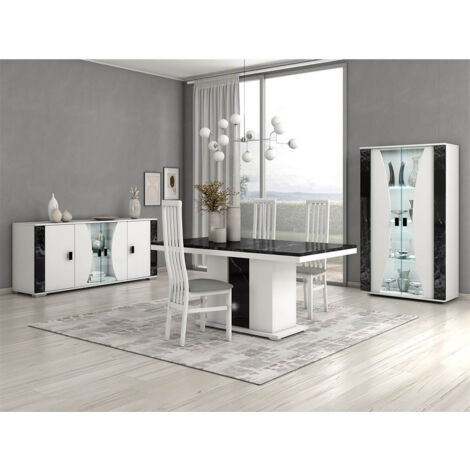 ARIANE - Vitrine 2 Portes Blanc Eclairage Led intégré avec Décor Latéral Aspect Marbre Noir