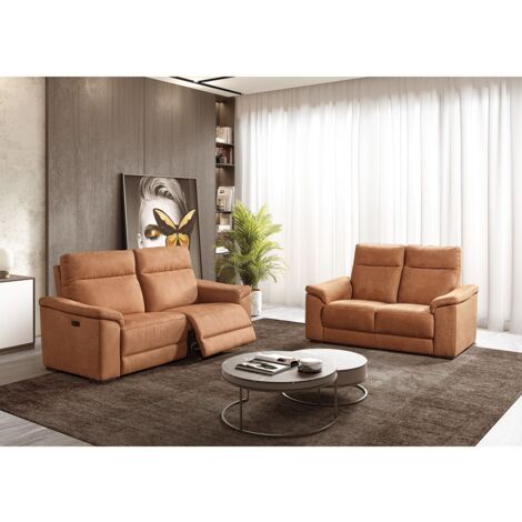 STANLEY - Canapé Relax Electrique 3 Places + Canapé 2 Places Fixe Tissu Cognac (1/5)