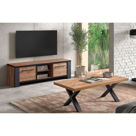 ETIENNE - Ensemble Salon Meuble TV et Table Basse Aspect Bois Piètement X Métal Noir (1/5)