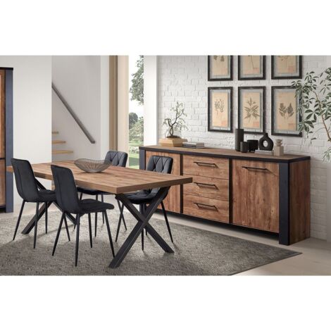 ETIENNE - Ensemble Séjour Buffet et Table 200cm Aspect Bois Piètement X Métal Noir (1/5)