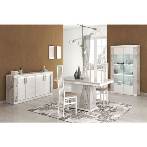 Altobuy – Séjour complet table repas 160x90cm + buffet 190x47cm + vitrine 2 portes avec éclairage LED – Décor marbre brillant – Design italien