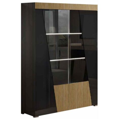 KADALA - Vitrine 2 Portes Design Laquée Noir Décor Bois avec Leds