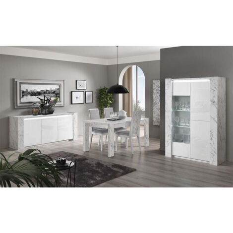 PRAVA - Ensemble Séjour Complet Blanc et Effet Marbre Table 160cm + Buffet et Vitrine avec Leds (1/5)