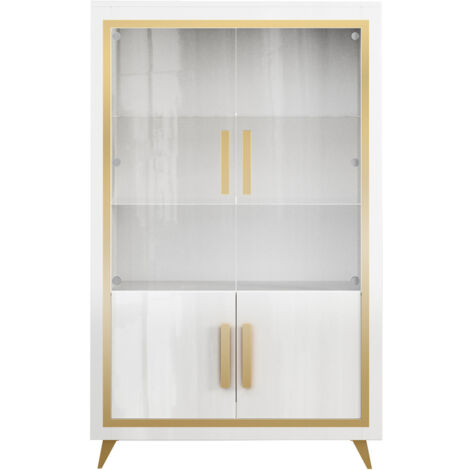 JEMMA - Vitrine 2 Portes Laquée Blanc et Décor Doré avec Leds