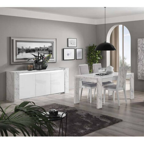 PRAVA - Ensemble Séjour Blanc et Effet Marbre Table 160cm + Buffet avec Leds (1/5)