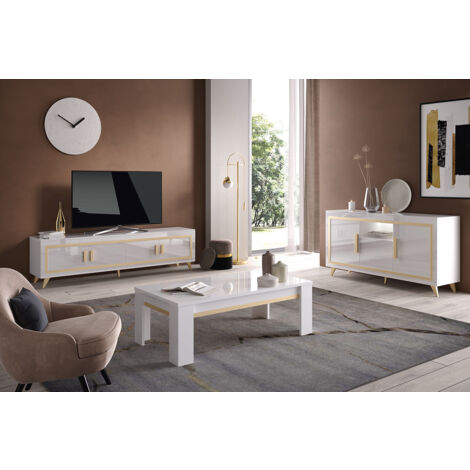 JEMMA - Ensemble Salon Blanc Décor Doré Meuble TV + Buffet avec Leds + Table Basse (1/5)
