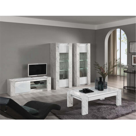 PRAVA - Ensemble Salon Complet Blanc et Effet Marbre Meuble TV et Vitrines avec Leds + Table Basse (1/5)