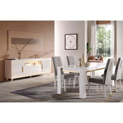 Altobuy – Ensemble séjour laqué blanc décor doré – Table 160 x 90 x H77 cm – Buffet 207 x 45 x H85 cm avec éclairage LED