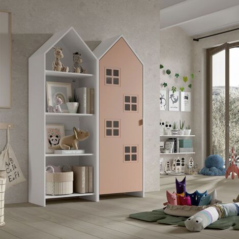 BEAUVILLE - Pack Bibliothèque + Armoire Cabane 1 Porte Rose (1/4)