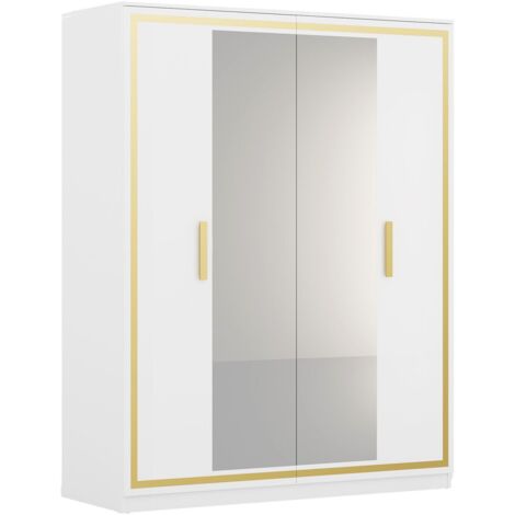 JEMMA - Armoire 4 Portes Laquée Blanc et Décor Doré avec Miroirs (1/3)