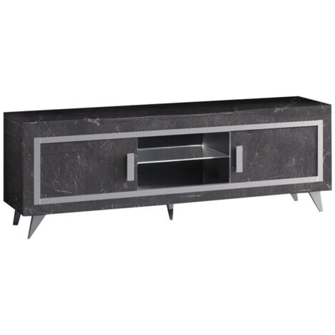 GUEDA - Meuble TV 2 Portes Effet Marbre Anthracite Finition Argent avec Leds (1/3)