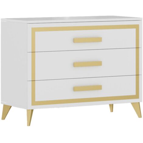 JEMMA - Commode 3 Tiroirs Laqué Blanc et Décor Doré (1/3)